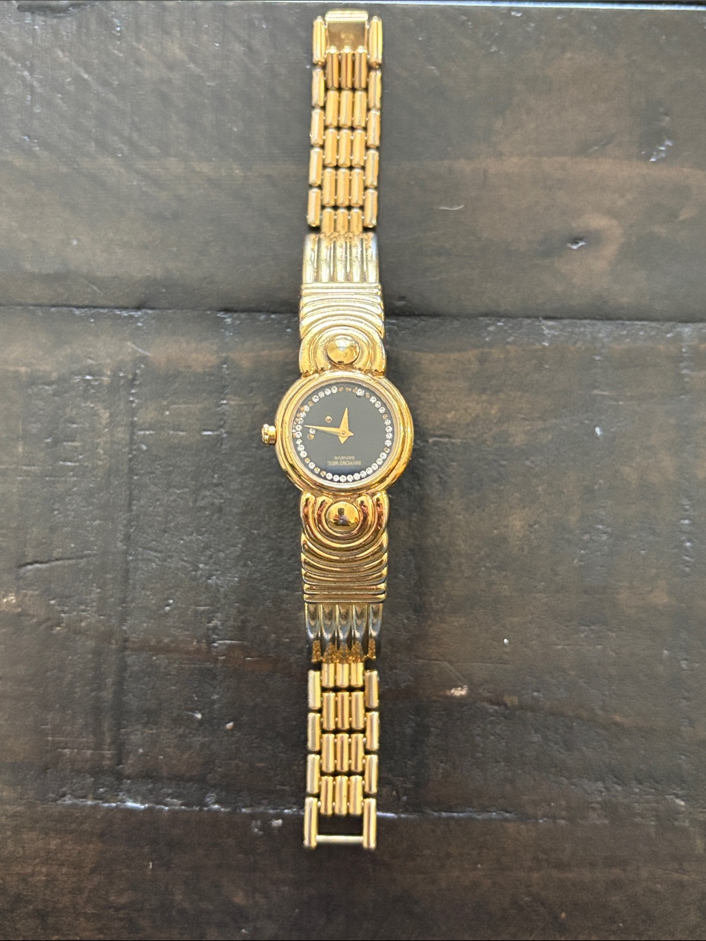 Vintage Raymond Weil 18k Gold Electroplated Bracelet Watch Loose Rhinestones